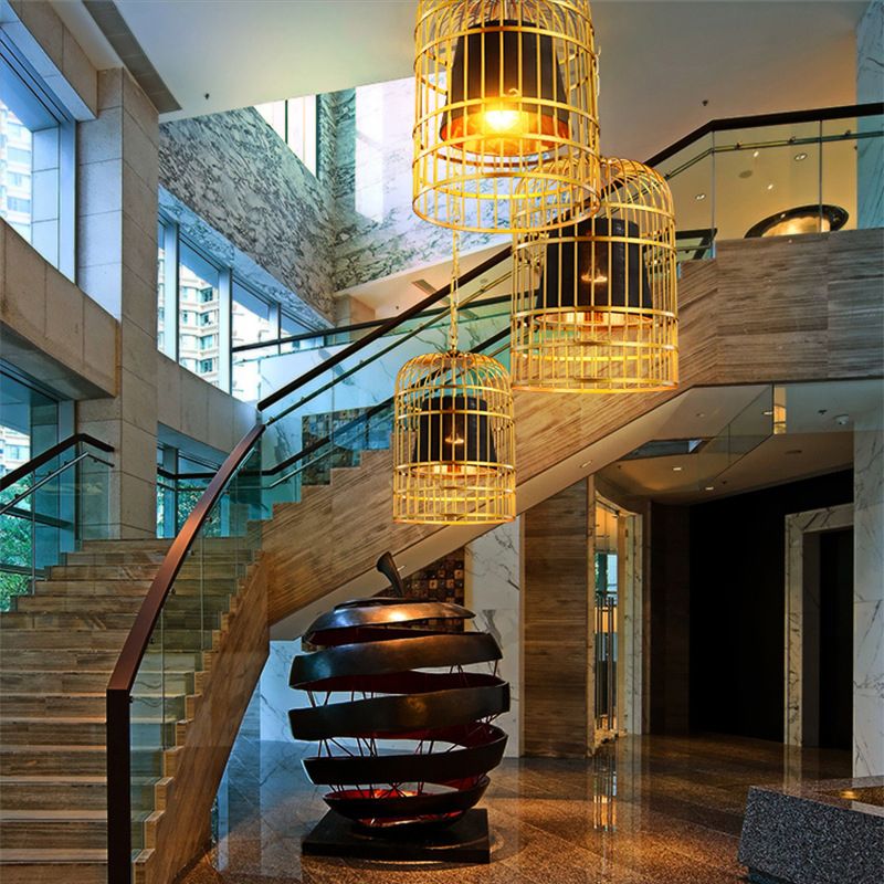 Golden Birdcage Design Metal Suspension Light Fabric Shade Creative Lighting Fixture with 35.5" Adjustable Hanging Chains