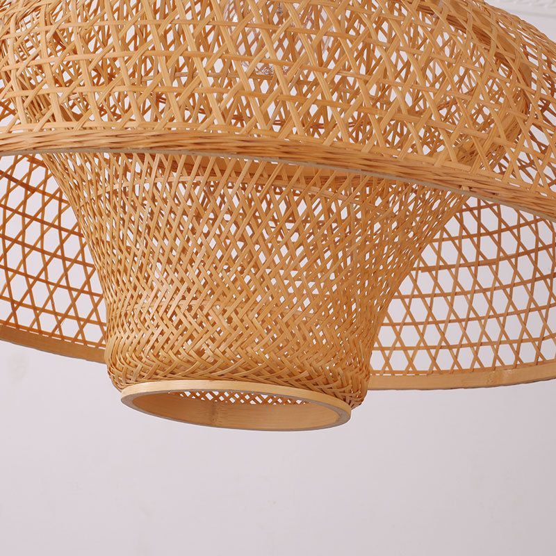 Hot Pot-Shaped Restaurant Pendant Light Bamboo Single-Bulb Contemporary Suspension Light in Wood