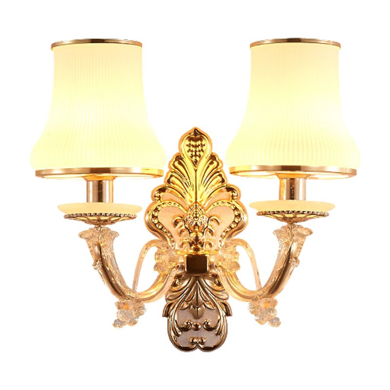 2 Heads Tapered Sconce Light Rural Gold Milky Glass Wall Mounted Lighting with Crystal Ball Droplet