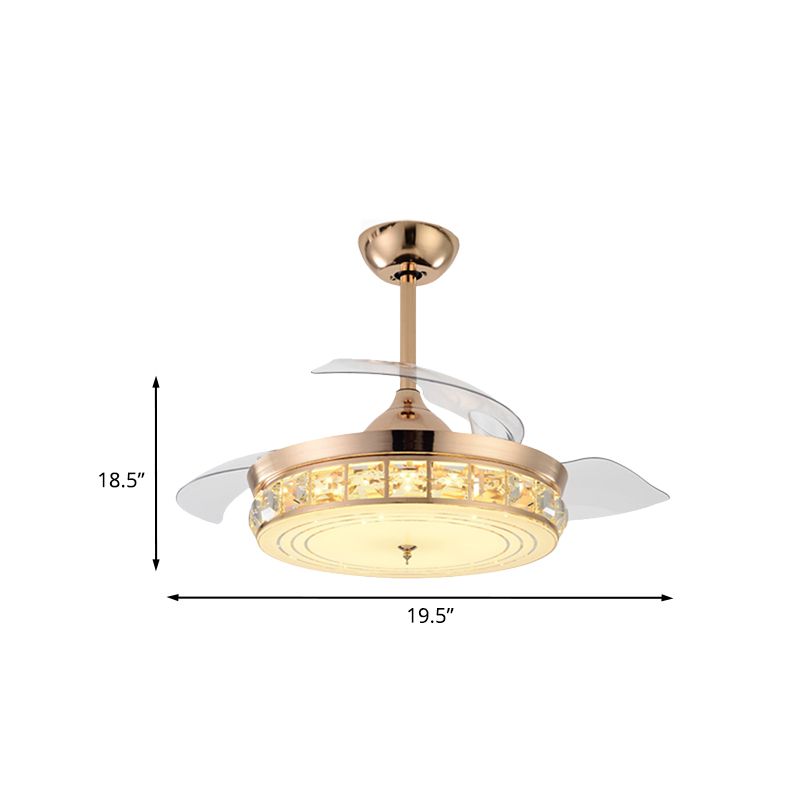 Drum Semi Flush Mount Light Modernist 19.5" W 4 Blades Crystal Ceiling Fan Lighting in Gold