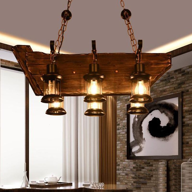 6-Lights Industrial Style Island Pendants Wood Pendant Lights for Dining Room