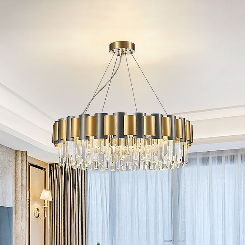 Round Dining Room Chandelier Postmodern Clear Crystal 8 Bulbs Black and Gold Pendant