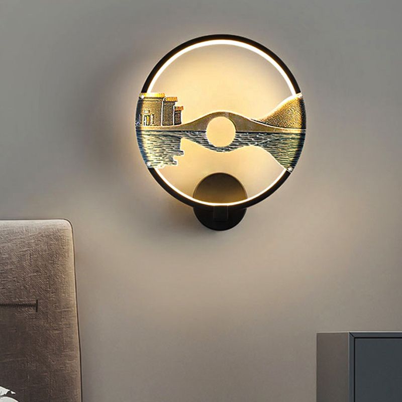 Black/White Circular Sconce Light Fixture LED Acrylic Wall Mount Lamp with Chinese Style Scenery Pattern, 12 Dia"