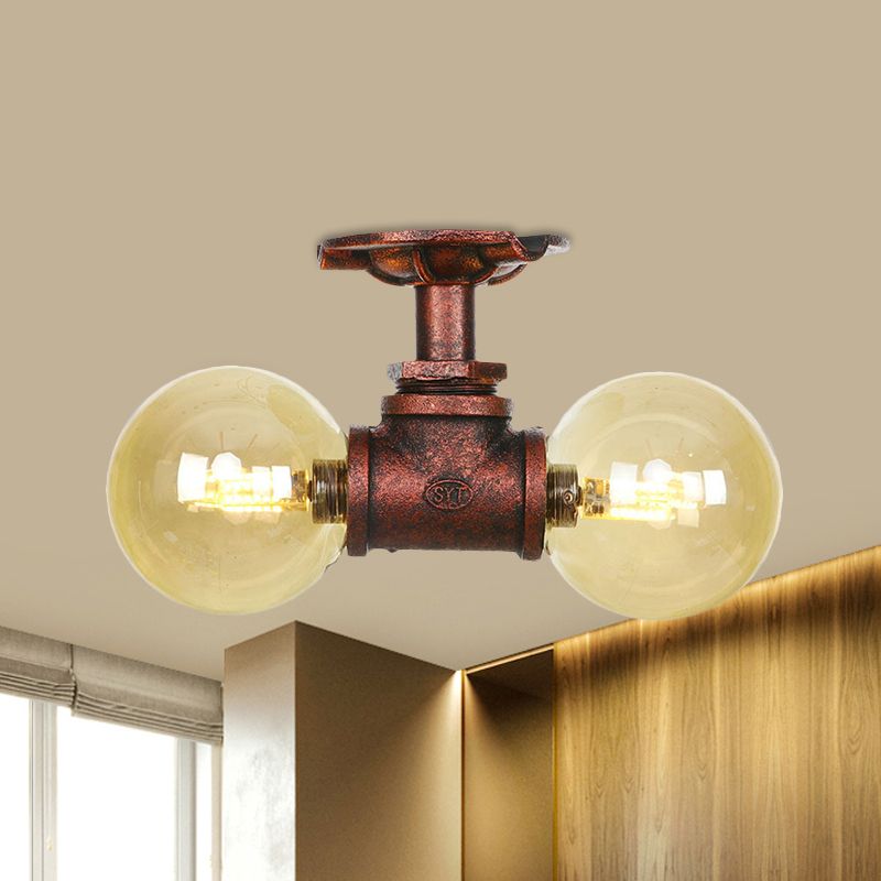 Plafonnier LED en verre ambré et cuivre, boule lumineuse à 2 têtes, luminaire de plafond semi-encastré pour ferme