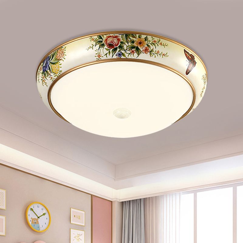 Frosted White Glass Dome Ceiling Flush Korea Country 14"/19.5" Dia LED Bedroom Flush Mount Fixture