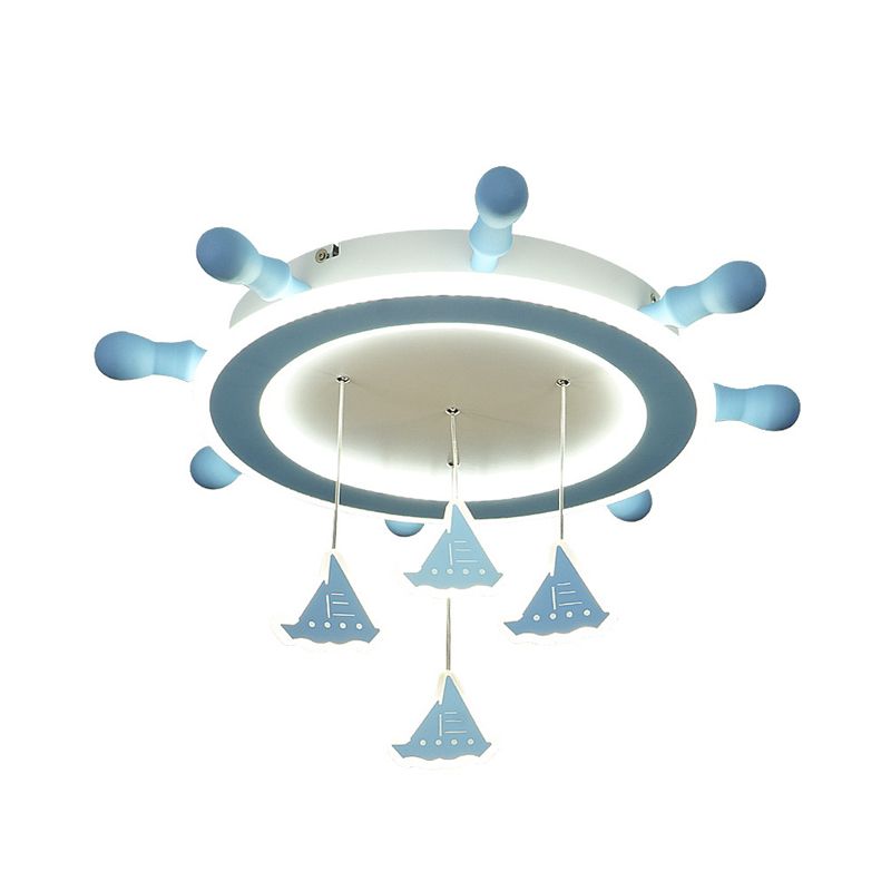 Kid Marine Steering Wheel Flush Light Iron 4-Head Child Room Ceiling Mount Fixture with Draped Sailing Boat in Sky Blue