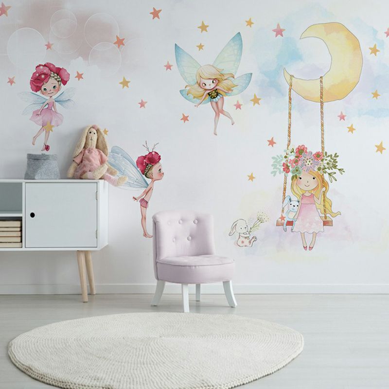 Childrens Art Girl Wallpaper Mural with Fairies Pattern White Wall Covering for Bedroom