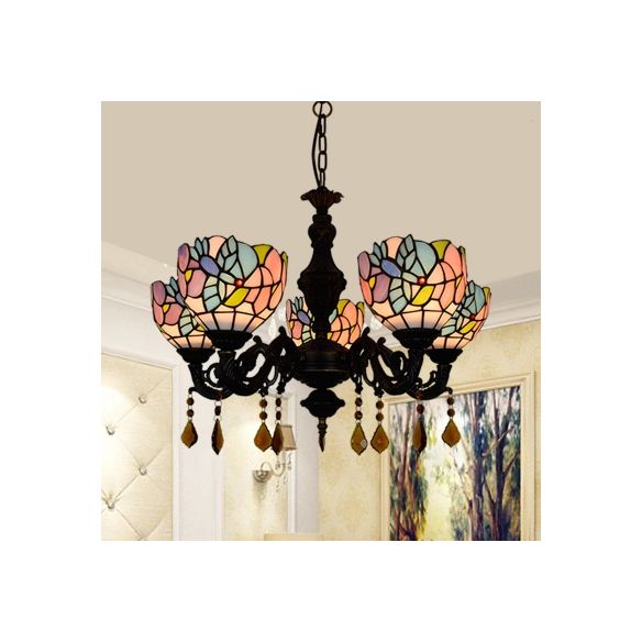 Country Scalloped Hanging Light Stained Glass 5 Heads Multicolored Chandelier for Living Room