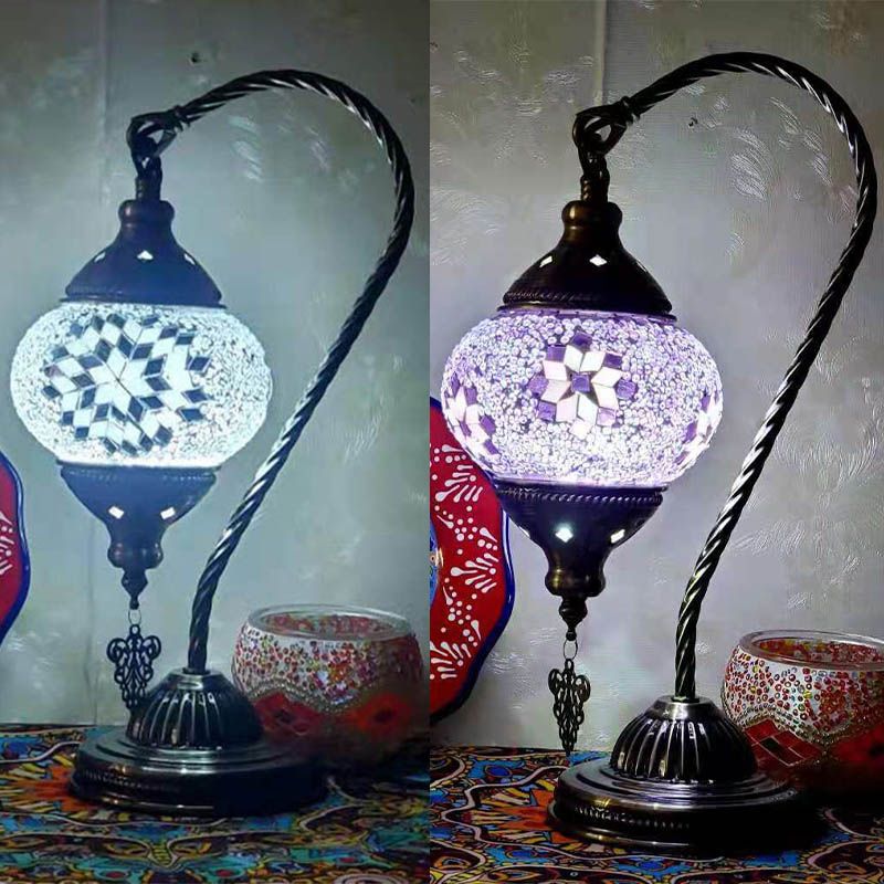 1 Bulb Gooseneck Table Light Moroccan Mosaic Stained Glass Night Light with Globe Shade