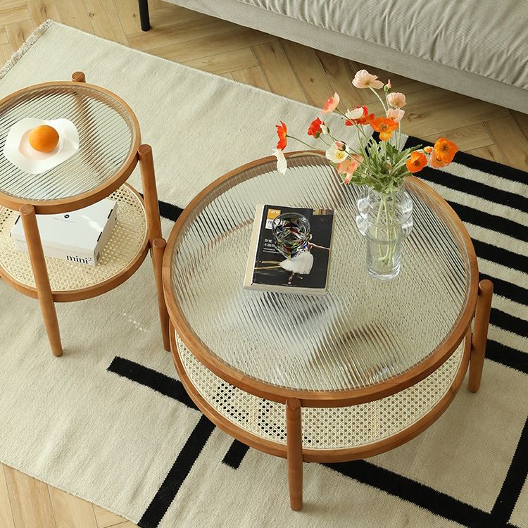 Round Glass/ Wood Top Coffee Table 4 Legs Cocktail Table with Shelf