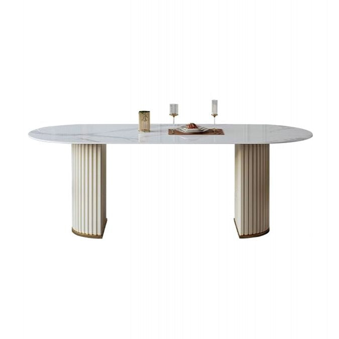 White Stone Dining Table Modern Oval or Free Form White Dining Table with Double Pedestal