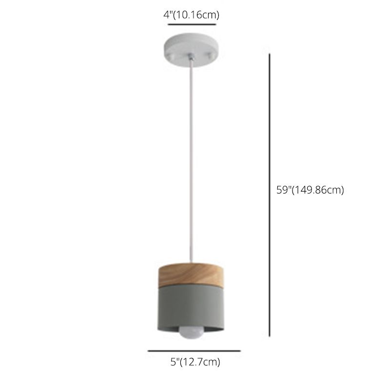 Indoor Macaroon Cylinder Pendant Light Wooden Mini Ceiling Lamp in Metal Shade