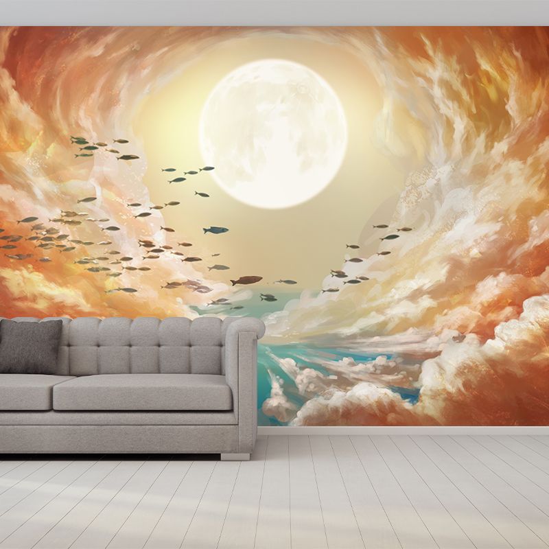 Super Moon and Cloud Mural Yellow-Blue Childrens Art Wall Covering for Living Room
