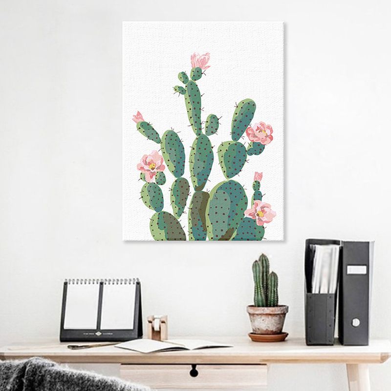 Green Cactus Blossom Canvas Print Botanical Tropical Textured Wall Art for Home