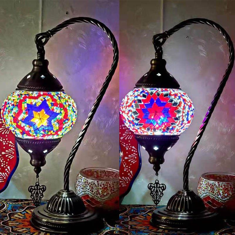 1 Bulb Gooseneck Table Light Moroccan Mosaic Stained Glass Night Light with Globe Shade