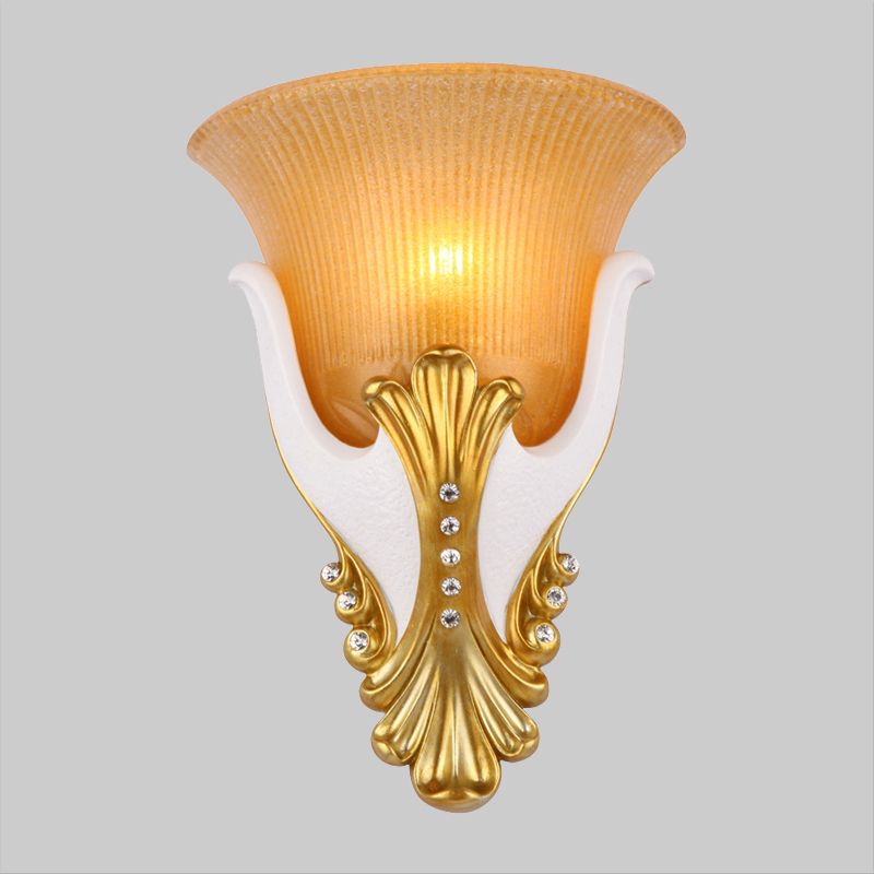 1 Light Wall Sconce Lighting Rural Bell Shape Yellow/White Fluted Glass Wall Mounted Lamp for Bedroom, 9.5"/13" Width