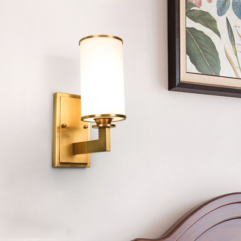 Modernism Style Cylinder Wall Lamp 1/2-Head Frosted Glass Wall Lighting Fixture in Brass for Living Room