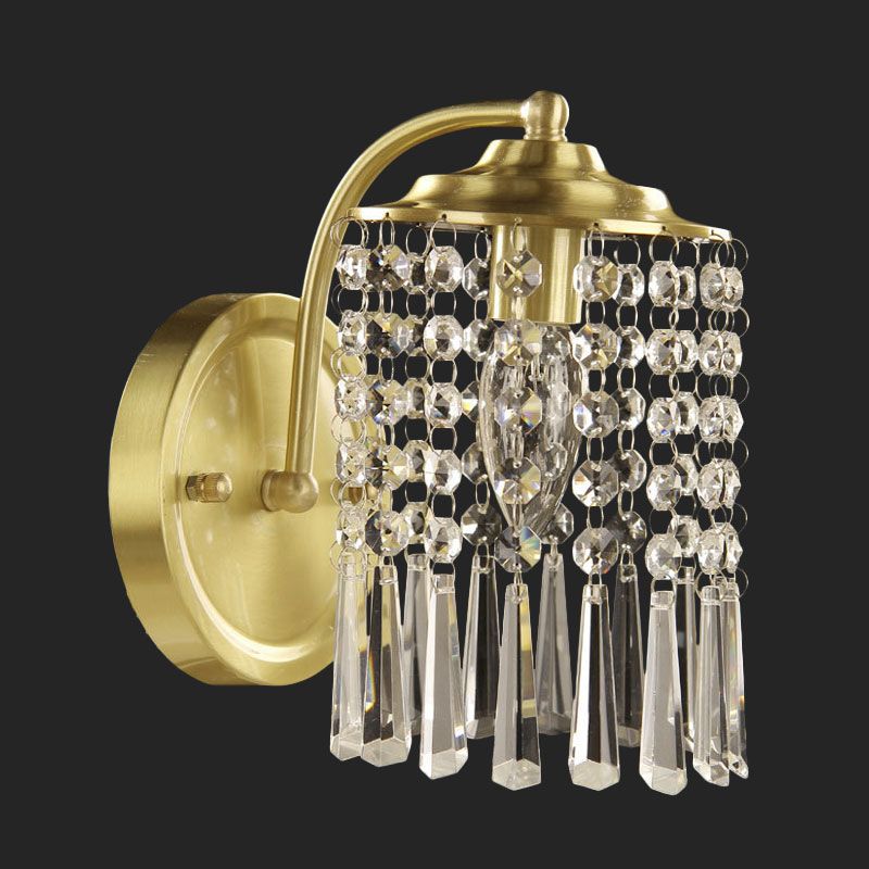 1-Light Crystal Drip Sconce Light Fixture Countryside Brass Cylinder Bedroom Wall Mounted Lighting