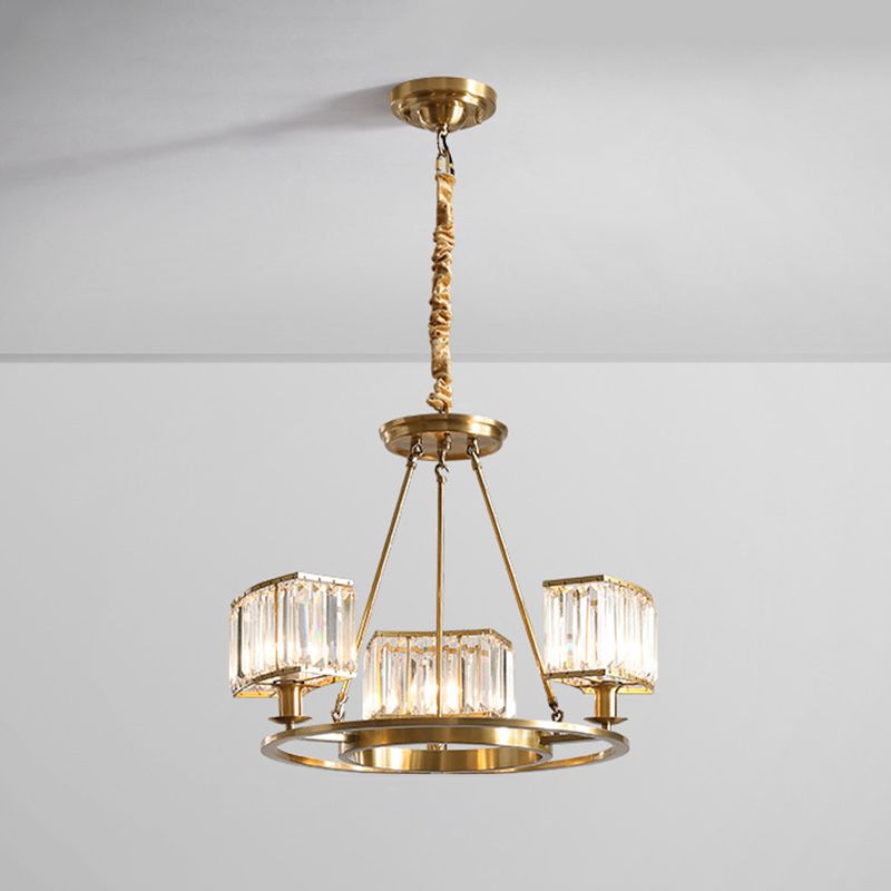 Polished Brass Round Chandelier Lighting Fixtures with 15" Adjustable Cord Modern Clear Crystal Pendant