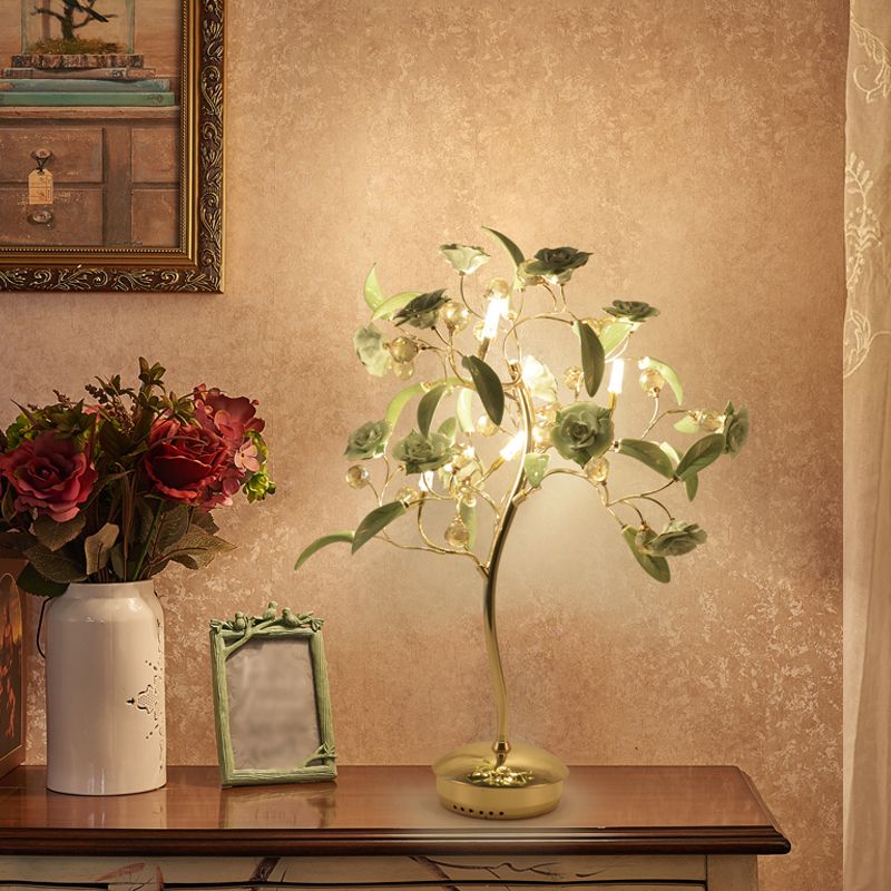 Pastoral Rosebush Table Lighting Ceramic Nightstand Lamp with Crystal Decor for Bedside