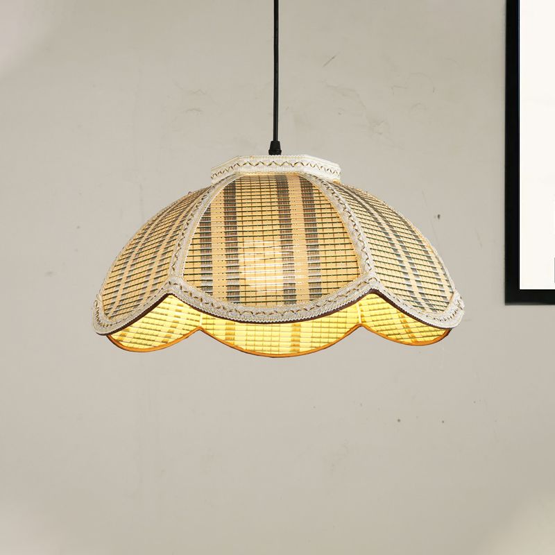 Flower Shaped Hanging Light Fixture Chinese Bamboo 1 Light Brown/Beige Pendant Lamp for Bedroom Balcony