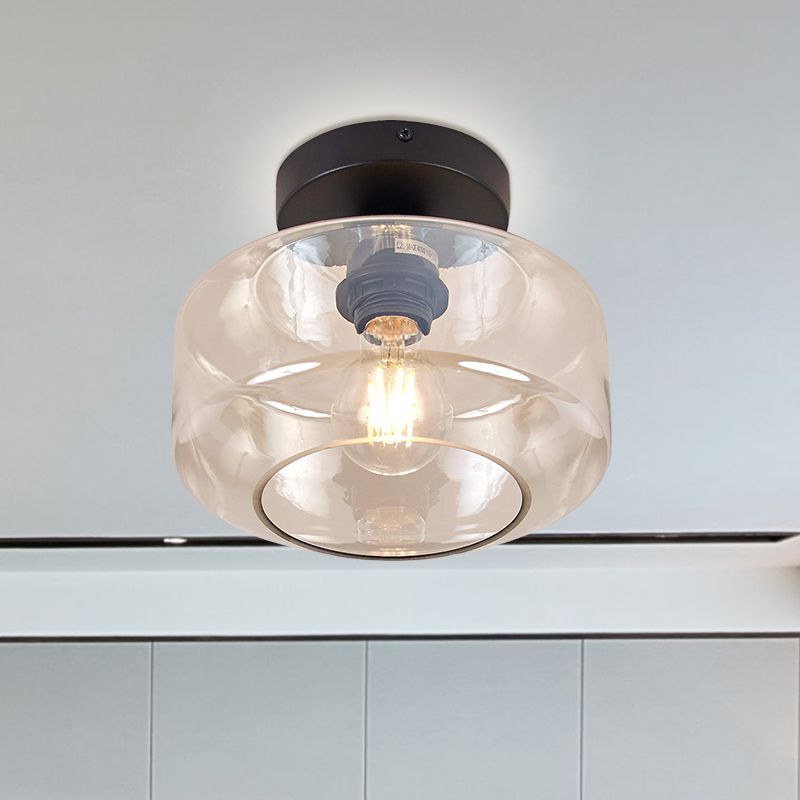 1 Light Drum Shade Semi Flush Light Industrial Black Clear/Amber Glass Ceiling Mount for Foyer