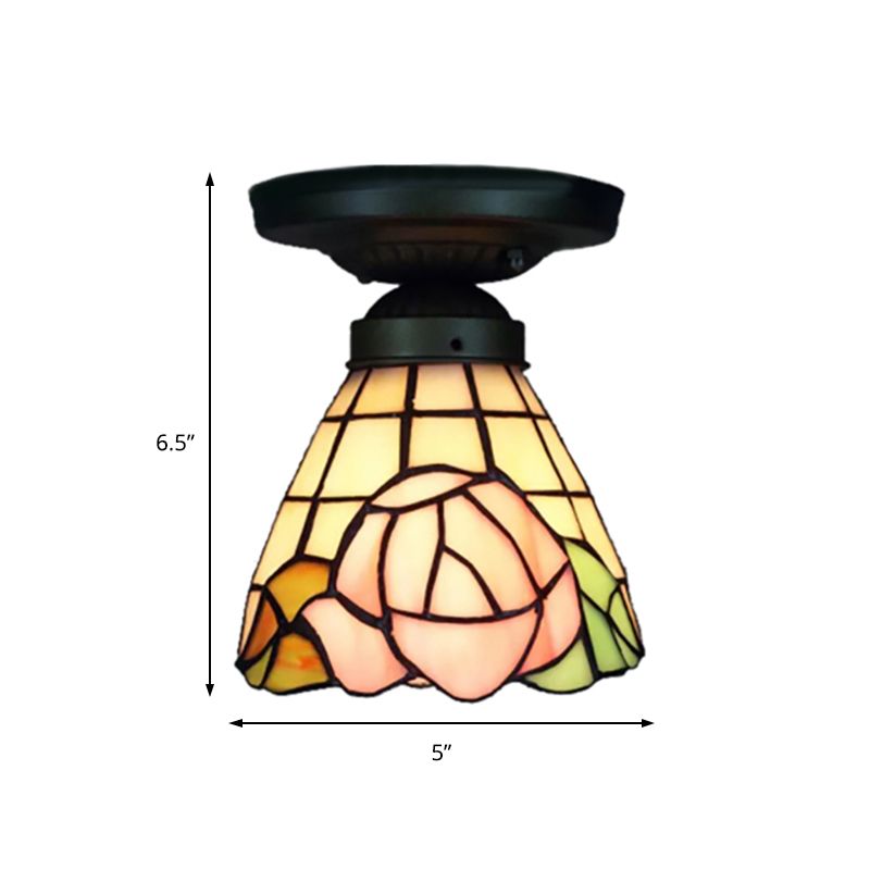 1-Head Flower/Bird/Phoenix Flower/Pink Rose/Red Rose Ceiling Mount Light Tiffany Rustic Stained Glass Ceiling Lamp in Black for Cloth Shop