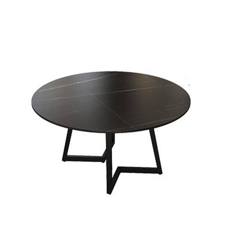 Black Double Pedestal Table Modern Round Stone and Metal Dining Room Table