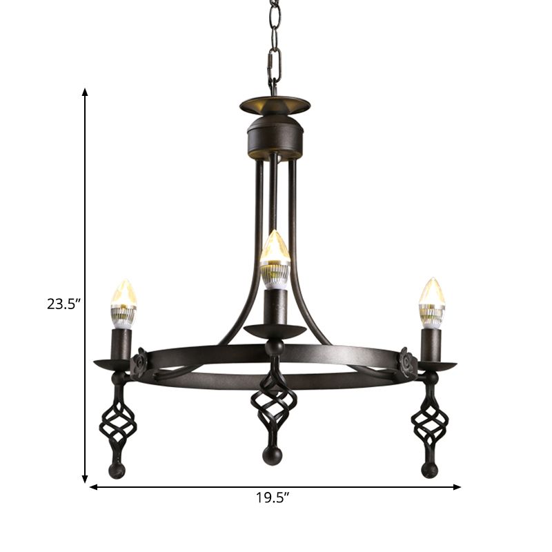 IJzeren Zwarte afwerking Hangende kroonluchter Candelabra 3-licht Rustieke ophanging Hanglamp met Circle Design