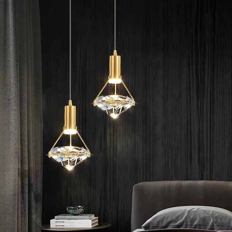 Brass Crystal LED Pendant Light in Modern Luxury Style Copper Geometric Hanging Lamp for Bedroom