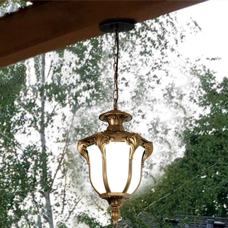 Traditional Bell Shade Solar Ceiling Light Cream Glass LED Hanging Pendant Light for Courtyard