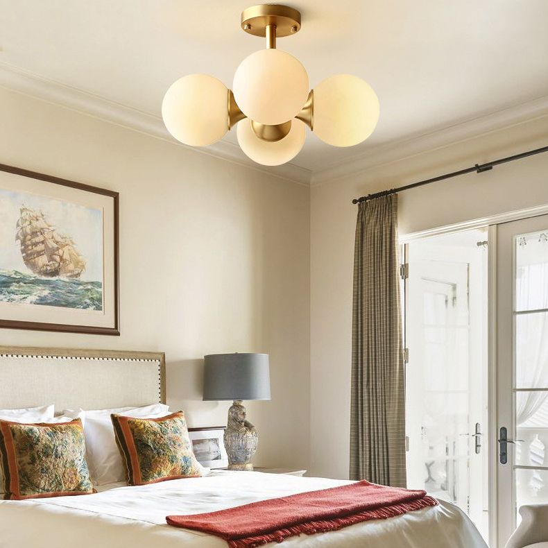 4-Lights White Globe Glass Ceiling Light 16.5" Wide Nordic Style Minimalism Brass Semi Flush Mount Lamp