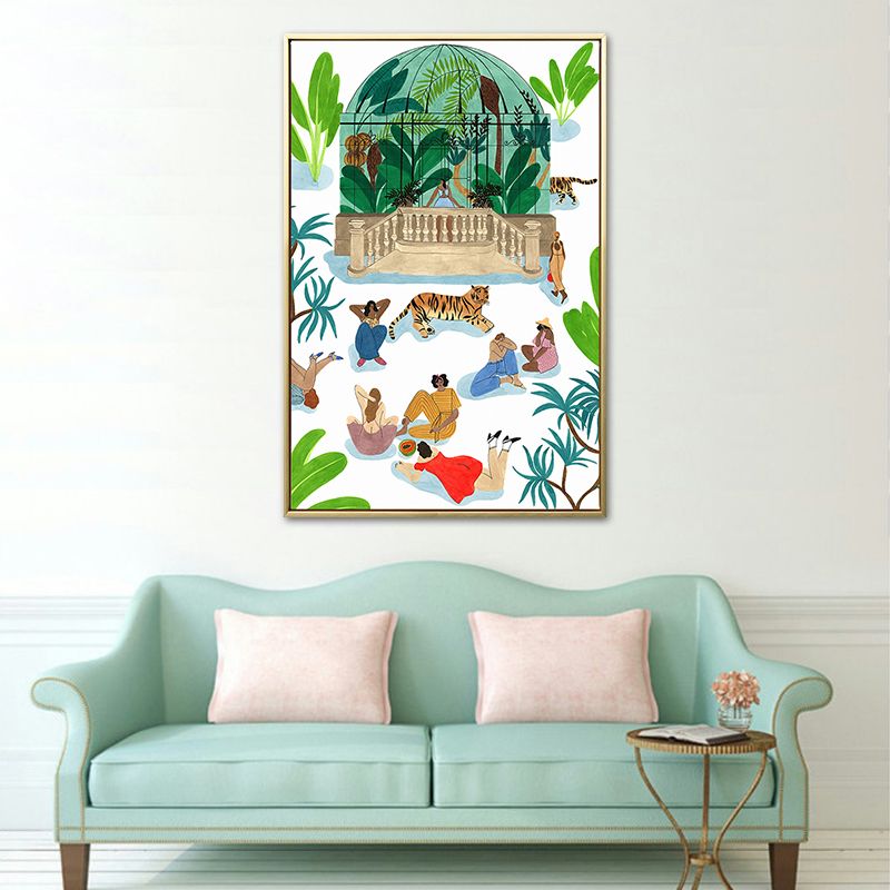Green Figures and Tiger Painting Textured Nordic Style Dining Room Wall Art Decor