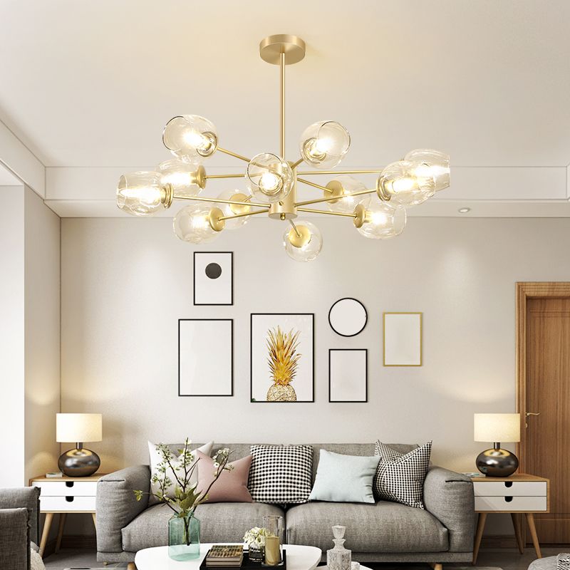 Grübchen geblasener Glasbecher Kronleuchter postmoderner Gold Finish Hanging Lampe für Wohnzimmer