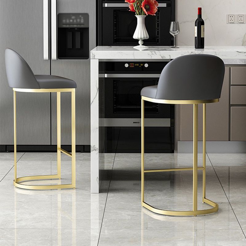 Glam Gray Metal Barstool Faux Leather Upholstered Counter Stool with Gold Base