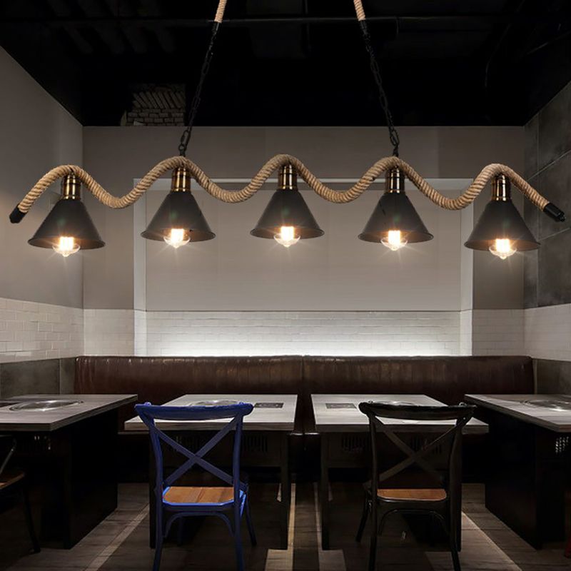 Matte Black Cone Island Lighting Industrial Metal Cafe Bar Hanging Light with Twisted Rope