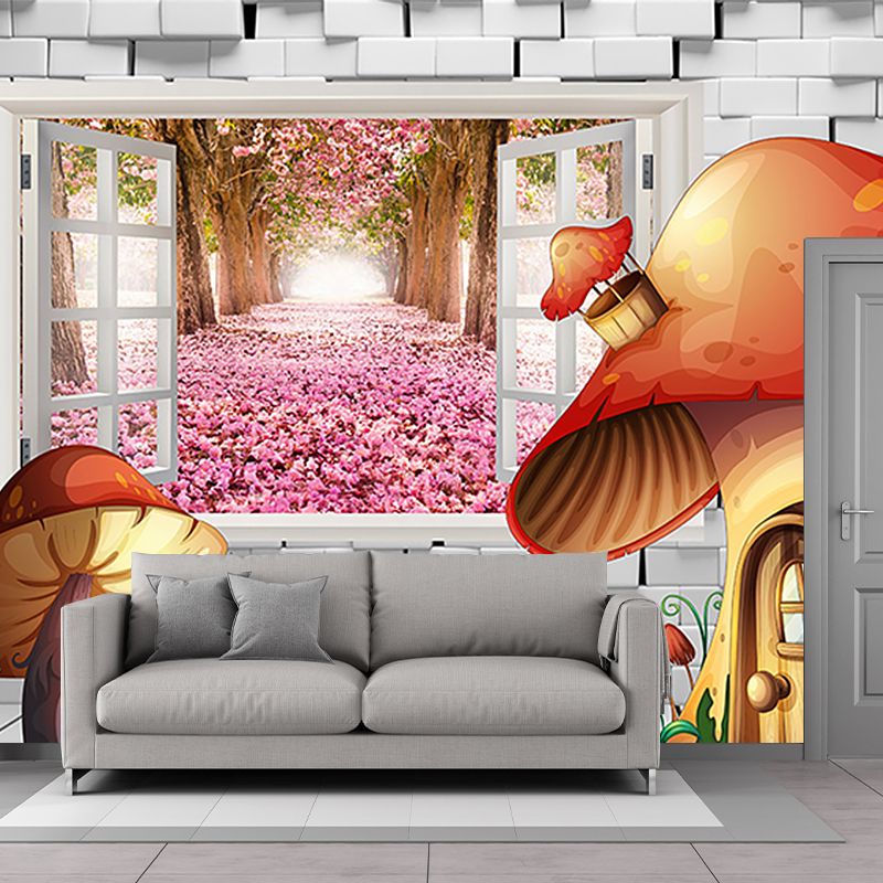 Full Size Mushroom Murals Stain Resistant Childrens Art Bedroom Wall Decor, Orange and Grey