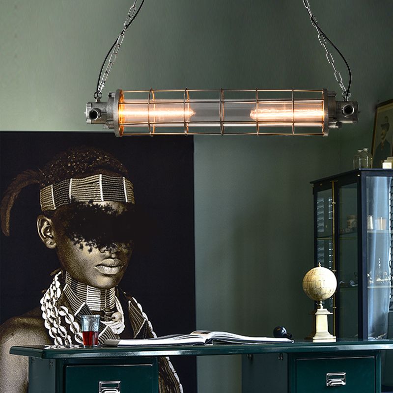 Cage cylindrique Cage à LED LED Éclairage de pendentif en métal industriel en argent industriel avec teinte en verre transparent intérieur