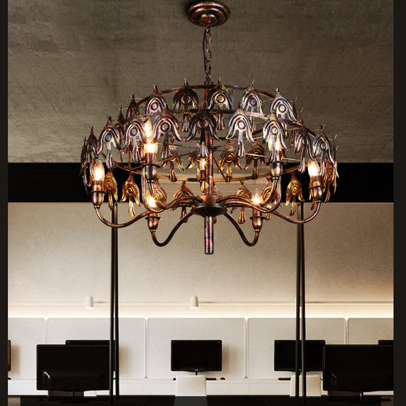 Exposed Bulb Living Room Pendant Chandelier Country Metal 9 Lights Rustic Copper Hanging Fixture