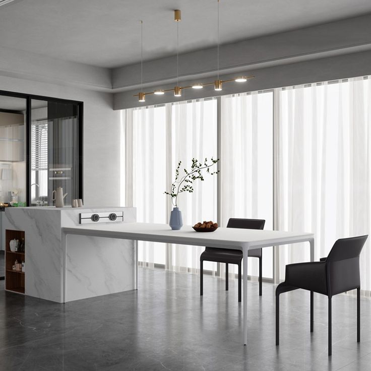 Metal Contemporary Rectangular Dining Table High Gloss White Sintered Stone Table with Metal Legs