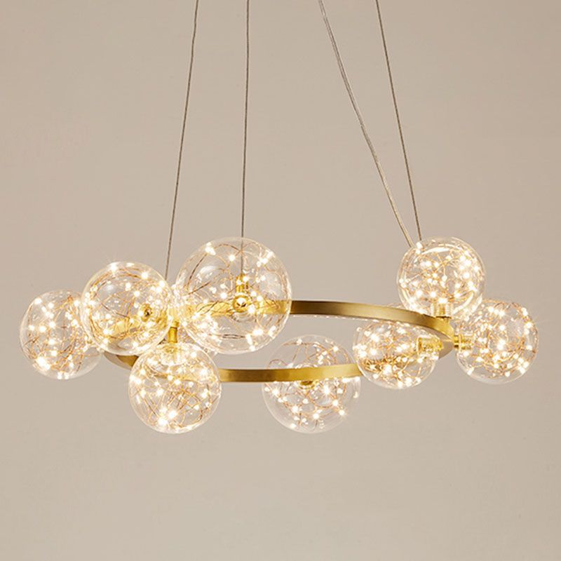 Orb Bedroom Hanging Chandelier Clear Glass Starry LED Modern Ceiling Suspension Lamp in Gold