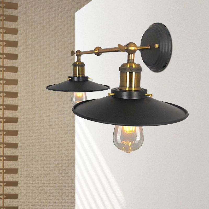2 Bulbs Wall Light Sconce Vintage Restaurant Wall Mounted Lamp with Flare Metal Shade in Black and Brass