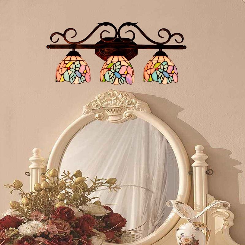 Vintage 3 Lichter Vanity Wandleuchte Tiffany Vanity Lampen Badezimmer mit mehrfarbigem Glasschirm