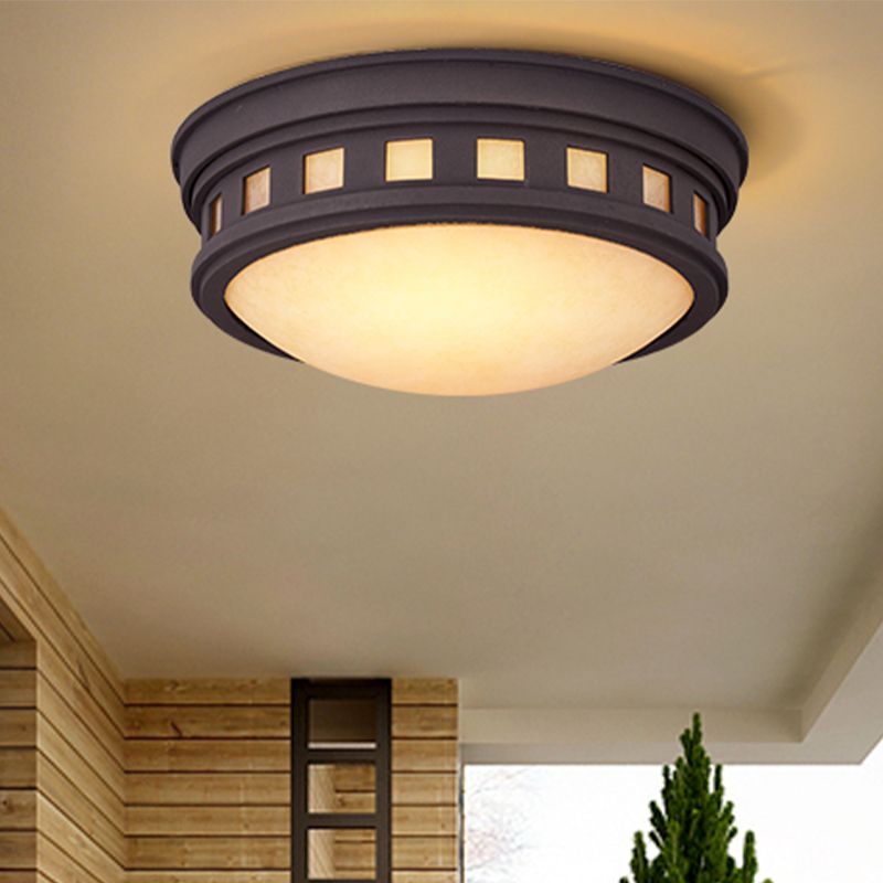 Drum Ceiling Flush Light Rustic Style Metal and Opal Glass Bronze/Gold Outdoor Flush Mount Light for Porch