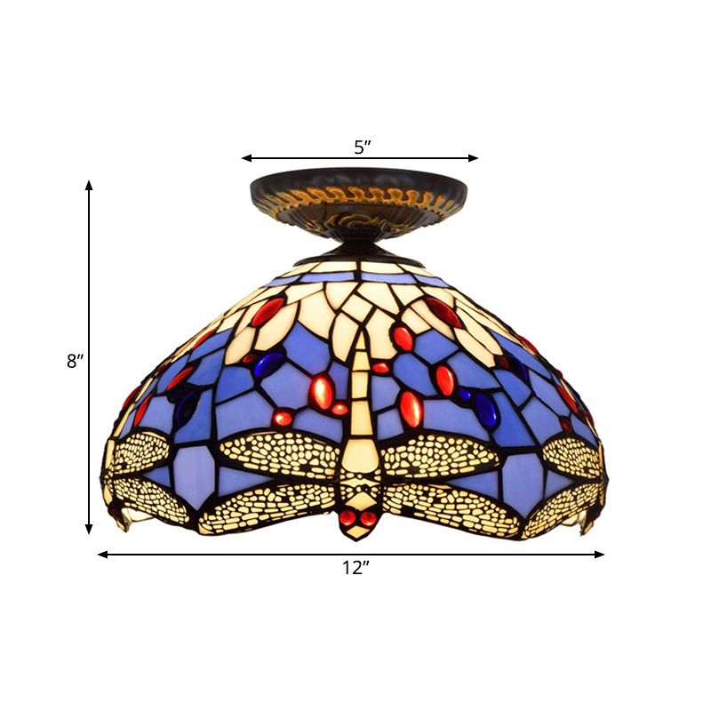 Lampe encastrée Tiffany Dragonfly, 1 ampoule, vitrail proche du plafond, luminaire en laiton