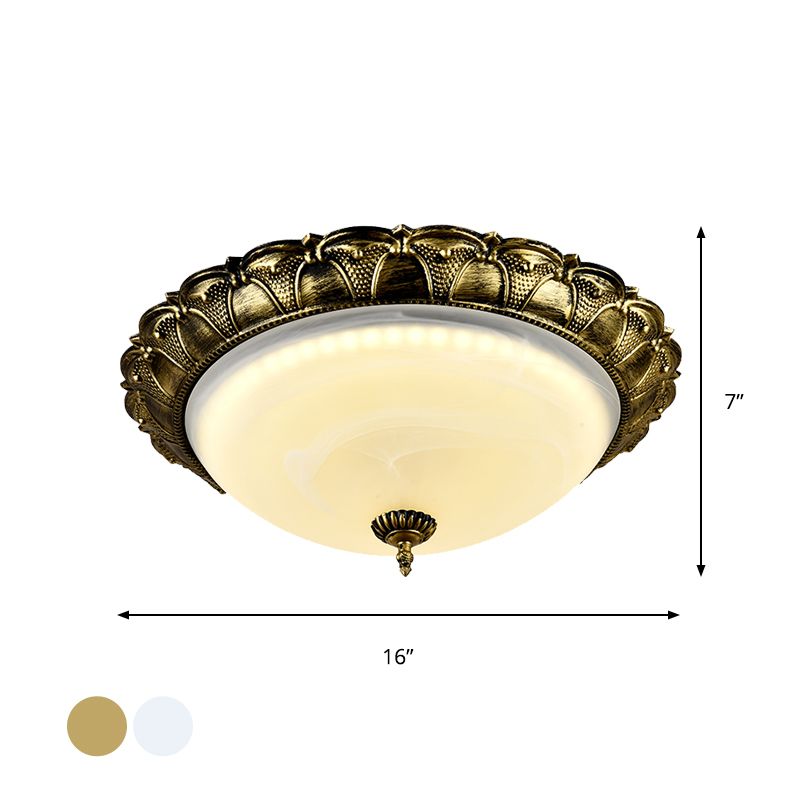 16"/19.5" W Dome Shape Hallway Ceiling Flush Vintage Frosted Glass White/Brass LED Flush Mount Lighting in Warm/White Light