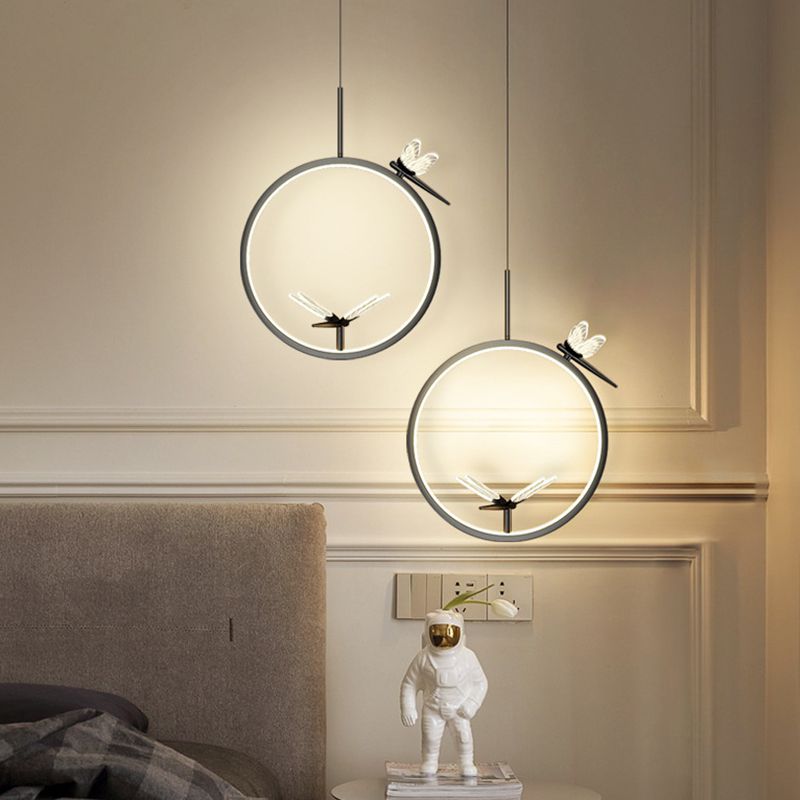 Metal Circle Hanging Pendant Light Modern LED Pendant Ceiling Light with Dragonfly Decor