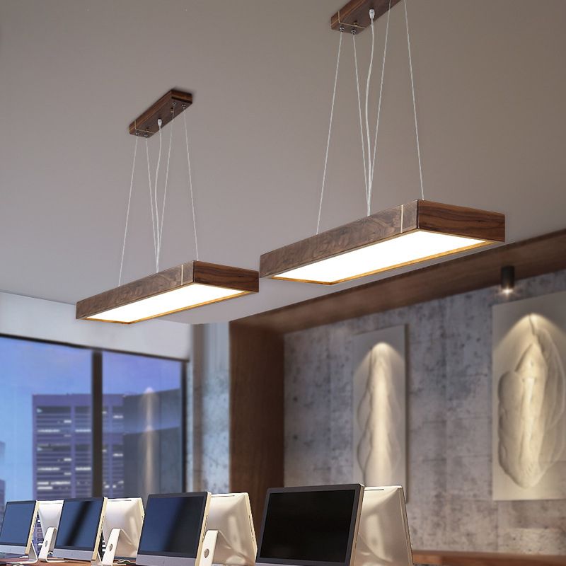 Walnut Wood Rectangular Pendant Light Nordic Dark Brown LED Hanging Light over Island