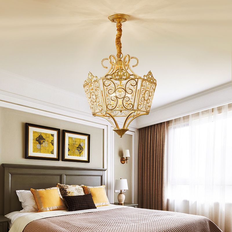 Gold 5 Lights Chandelier Light Fixture Country Crystal Wire Frame Pendant Lamp for Bedroom