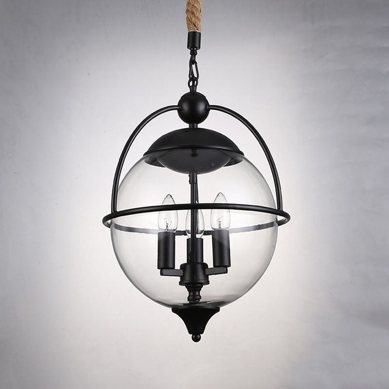Globe en verre transparent lustre Light traditionnel 3 éclairage pendentif de salon léger en noir